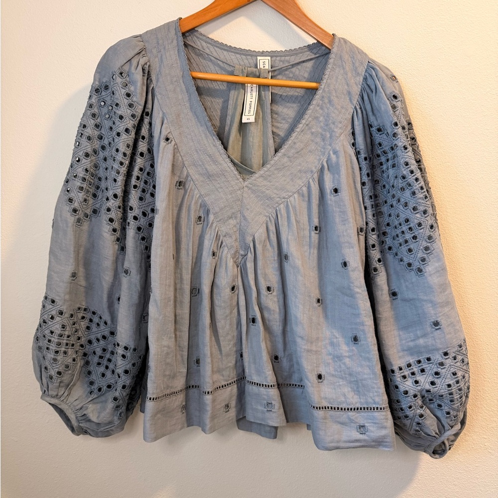 Scarlett Poppies Embroidered Blue Women's Top XS Oversized